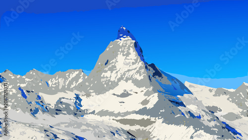 Foto Matterhorn mountain peak illustration with a bright blue sky and snow covered sl