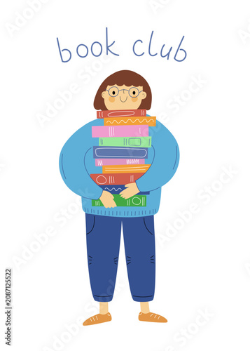 Smiling girl with glasses holding a big stack of colorful books. Cozy cartoon character with book club lettering text isolated on white background for reading blog poster.