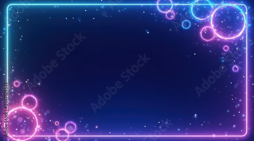 Abstract neon glowing frame with bubbles on a dark blue background isolated on white background