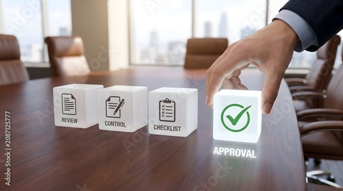 Businessman places approval cube in meeting room with review, control, checklist blocks
