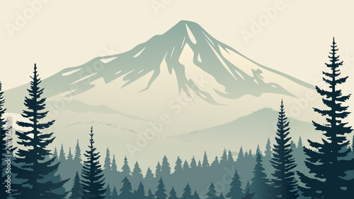 Konstfotografi Stylized Mountain Illustration With Evergreen Trees And Layered Landscape Depict