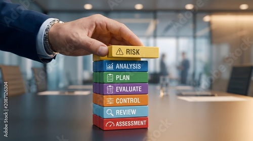 Business executive stacking risk management blocks in office meeting room