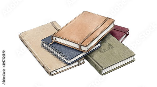 Stacking various leather and fabric notebooks isolated PNG on a clean white background