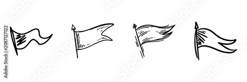Hand Drawn Flag Icons Set. Decorative Doodle Sketch Collection. Ideal For Graphic Design And Projects. Isolated Vector Illustration
