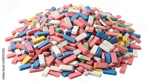 Pile of colorful rectangular erasers isolated PNG on a white background studio shot