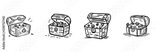 Treasure Chests In Hand Drawn Style Set. Adventure And Wealth Doodle Sketch Collection. Ideal For Pirate Themes And Treasure Hunt. Isolated Vector Illustration