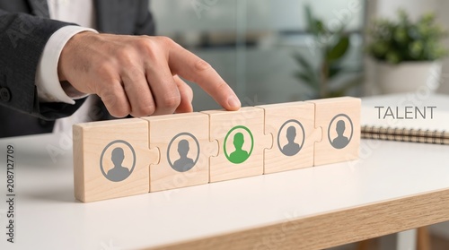 Recruiter selects green highlighted candidate from wooden blocks