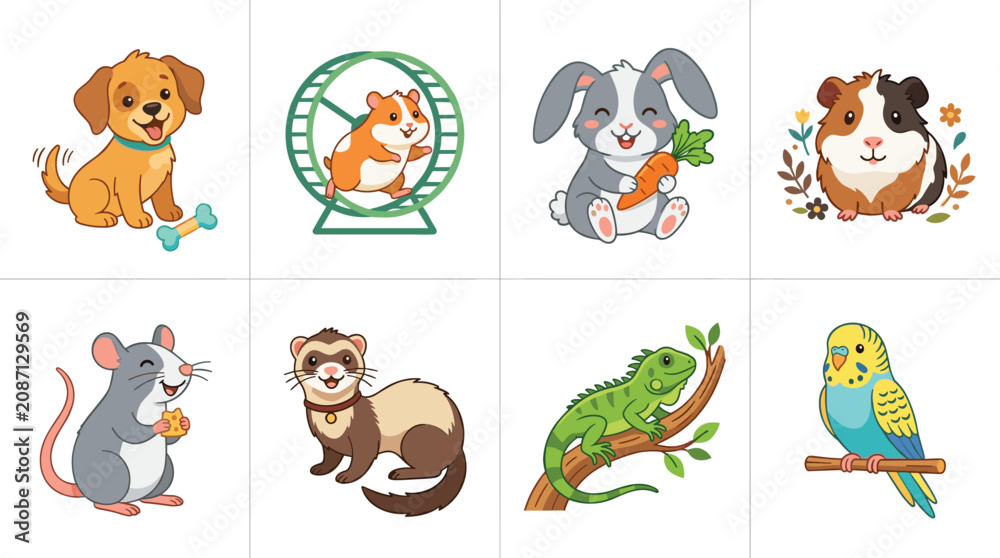 Obraz premium Cute domestic pets and small animals cartoon vector illustration set isolated on white background