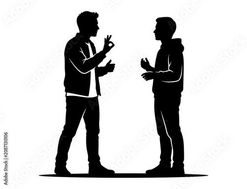 Two Men Having Animated Discussion or Sign Language Conversation Black Silhouette for Communications Graphic
