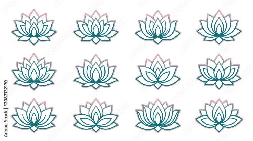 Fototapeta premium Set of twelve stylized teal lotus flower icons with pink gradient outlines in a grid pattern on white background for wellness, yoga, spa, and beauty brand identity design.