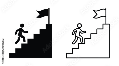 Bild auf Leinwand Person Climbing Staircase With Flag Black Silhouette And Line Art ascent challen