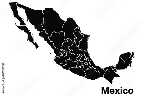 Detailed black silhouette map of mexico with internal administrative state borders silhouette geography cartography territory location illustration isolated political