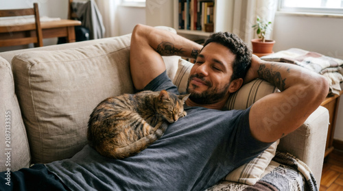 Man resting on a sofa with a sleeping cat on his chest. Domestic cat owner relaxing at home in living room. Peaceful pet companionship and cozy lifestyle concept for home comfort.