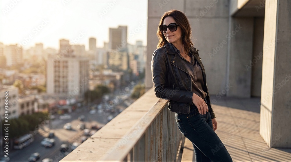 Fototapeta premium Street fashion woman leans on railing, golden hour cityscape