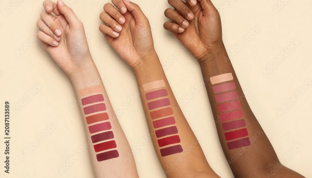 Fototapeta Three arms with different skin tones displaying various lipstick color swatches