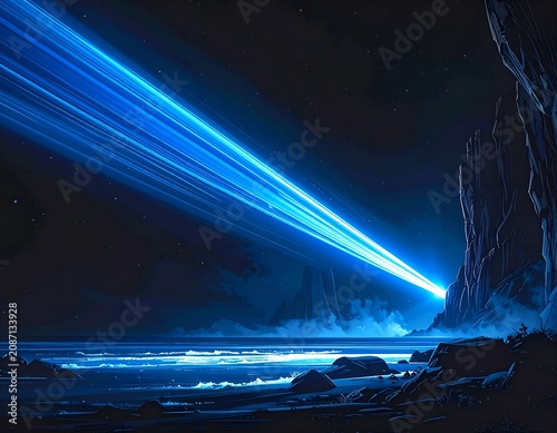 Blue light rays on a black background. Computer generated abstract background.