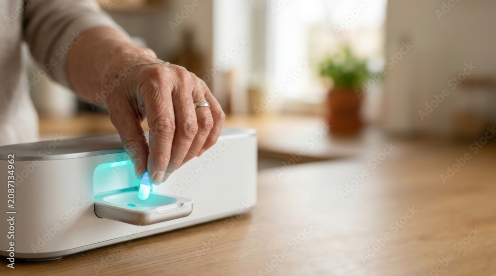 Fototapeta premium An elderly person's hand places a pill into a glowing blue medical device Healt clinic