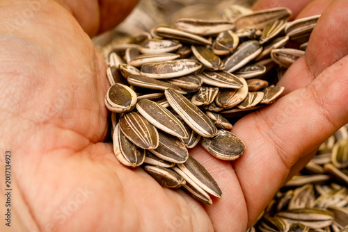 Sunflower seeds in a wooden bowl.