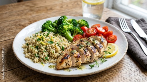 A plate of grilled chicken breast, quinoa, and steamed broccoli on a wooden table with a glass of water and a brown napkin.