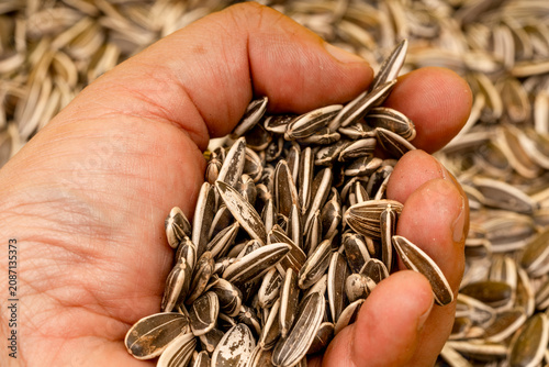 Sunflower seeds in a wooden bowl.