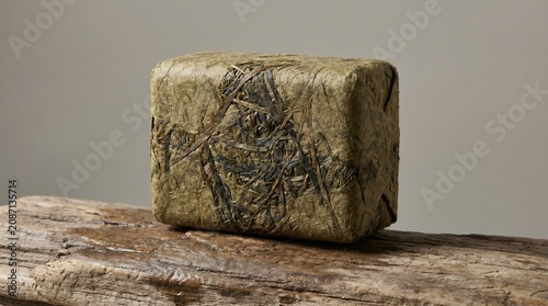 Pressed block of fermented tea leaves sitting on a rustic piece of weathered brown driftwood timber