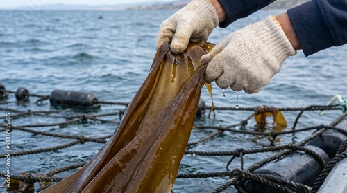 Worker holding fresh harvested brown kelp leaves while working on an ocean floating aquaculture farm site