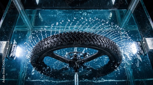 A bicycle wheel and tire spinning and spraying water dramatically inside a clear tank