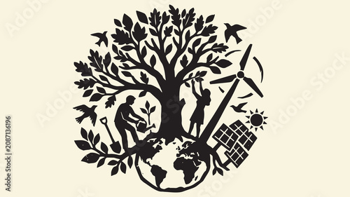 Green earth concept. nature around the world. people plant and save nature globe.