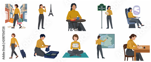 Foto Set of illustrations depicting a solo female traveler's journey through France, from packing and flying to sightseeing in Paris and learning the language