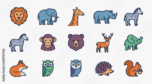 Canvas Print Modern Colorful Illustrated Set of 15 Unique and Playful Animal Icons Featuring