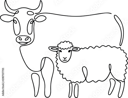 Schilderij op canvas A line drawing of a cow and a sheep standing together