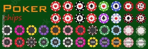 Colorful poker chips collection displayed on a green casino table background. Flat vector illustration for poker tournaments, casino games, gambling promotions and gaming design.