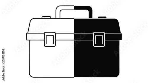Bild auf Leinwand Toolbox Divided: A simple, stark graphic representation of a toolbox split evenly between black and white, symbolizing duality, choice, or contrast