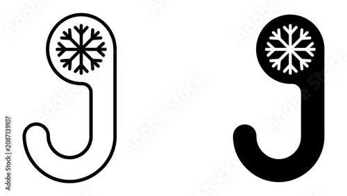 Tableau sur toile Snowflake Hook Symbol: A minimalist graphic representing a hook with a snowflake icon, available in both outline and solid black versions, symbolizing cold, winter, or refrigeration