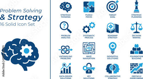 Problem Solving and Strategy Solid Icon Set. Include Symbols Strategic Thinking, Problem Analysis, Key Solutions. 16 Blue Icon Collection