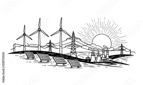 Renewable power sources and electric grid energy infrastructure illustration with renewable, electricity