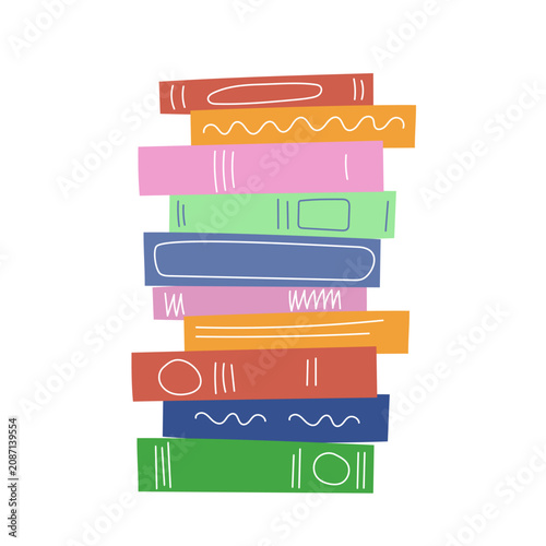 Cute colorful stack of books vector illustration isolated on white background. Flat cartoon pile of textbooks for school education, library poster, and book club graphic design.