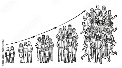 Illustration of population growth represented by increasing groups of people and an upward arrow graph.