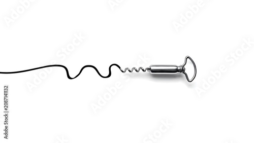 Corkscrew with curly wire on white background.