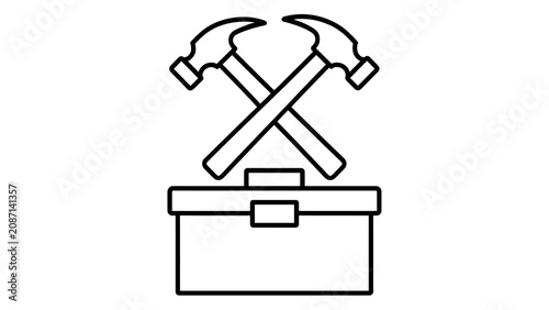 Crossed hammers on toolbox icon white background.