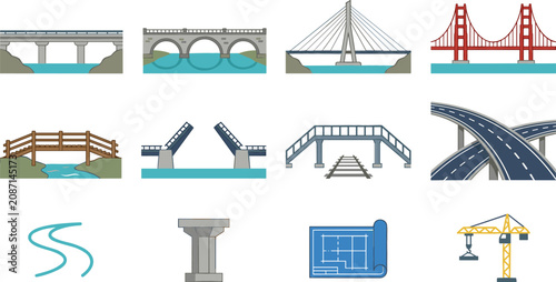 Bridge and Overpass Line Icon Set with Suspension Arch Drawbridge Highway Construction and Engineering Symbols for Architecture Websites Infrastructure Apps and Graphic Designs