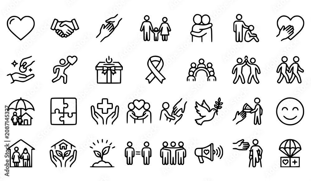 Obraz premium Love Friendship Care and Charity Editable Stroke Outline Icons Set Flat Vector Isolated on White Background