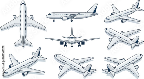 Commercial Airplane Illustration Set, Passenger Jet Multiple Views