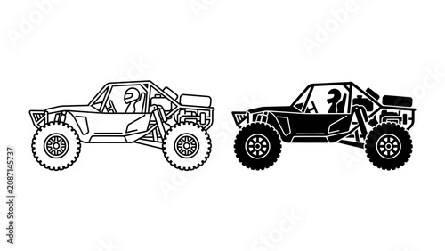 Billede på lærred Off-Road Buggy Duo: A side-by-side comparison of two off-road buggies, one rendered in a clean outline and the other in solid black, showcasing their rugged design and readiness for adventure
