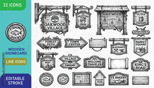 Tableau sur toile Set of fantasy wooden signboard icons for medieval village navigation and quest
