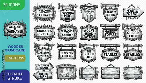Fotografie Set of vintage wooden signboard icons for fantasy role playing games and medieva