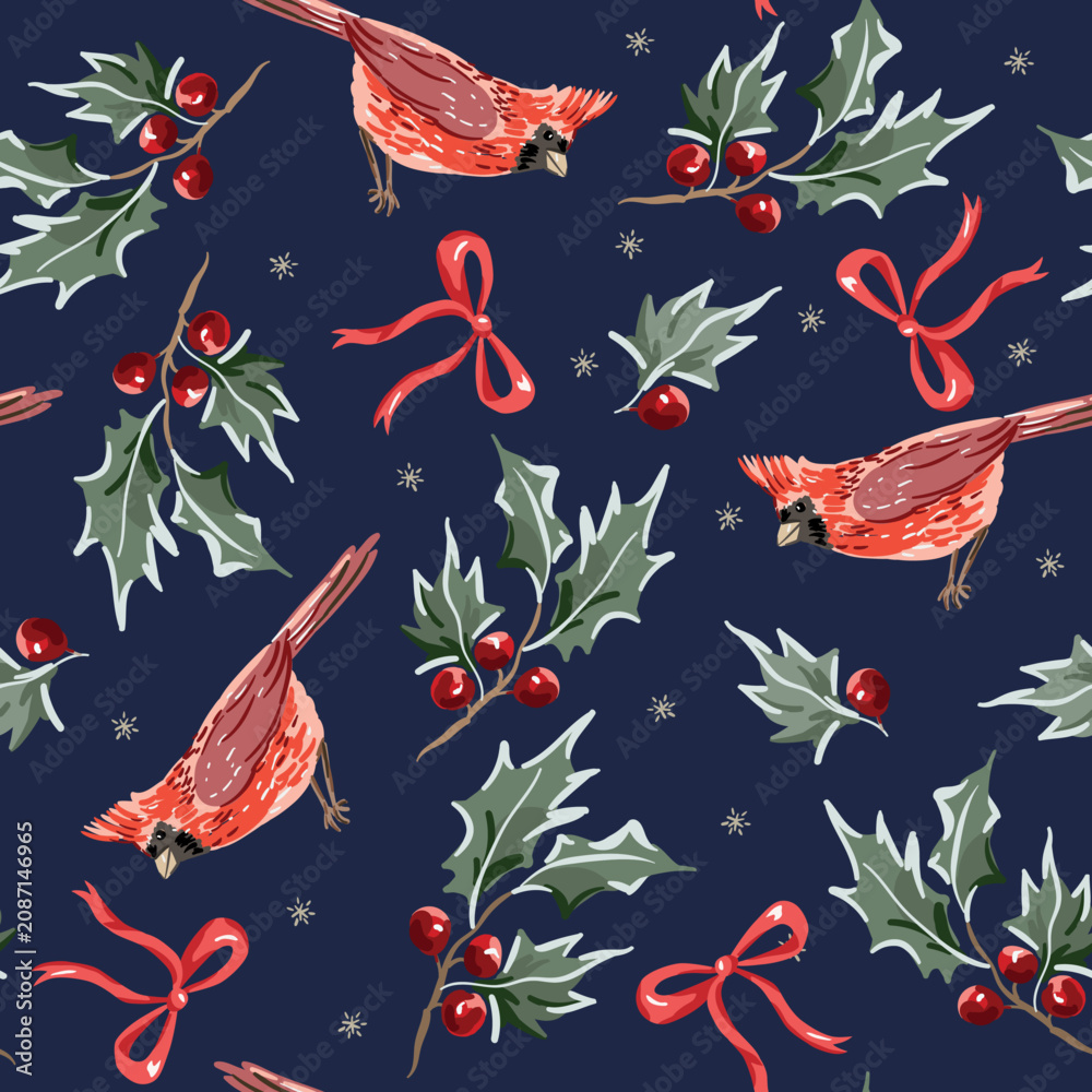 Fototapeta premium Christmas seamless pattern, red cardinal birds, green holly twigs with berries, bows, snowflakes, dark blue background. Vector illustration. Nature design. Season greeting. Winter holidays