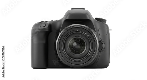 Foto Professional black DSLR camera with a sharp lens, isolated on a clean white back