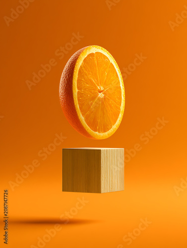 A slice of orange placed upright on a floating wooden stand