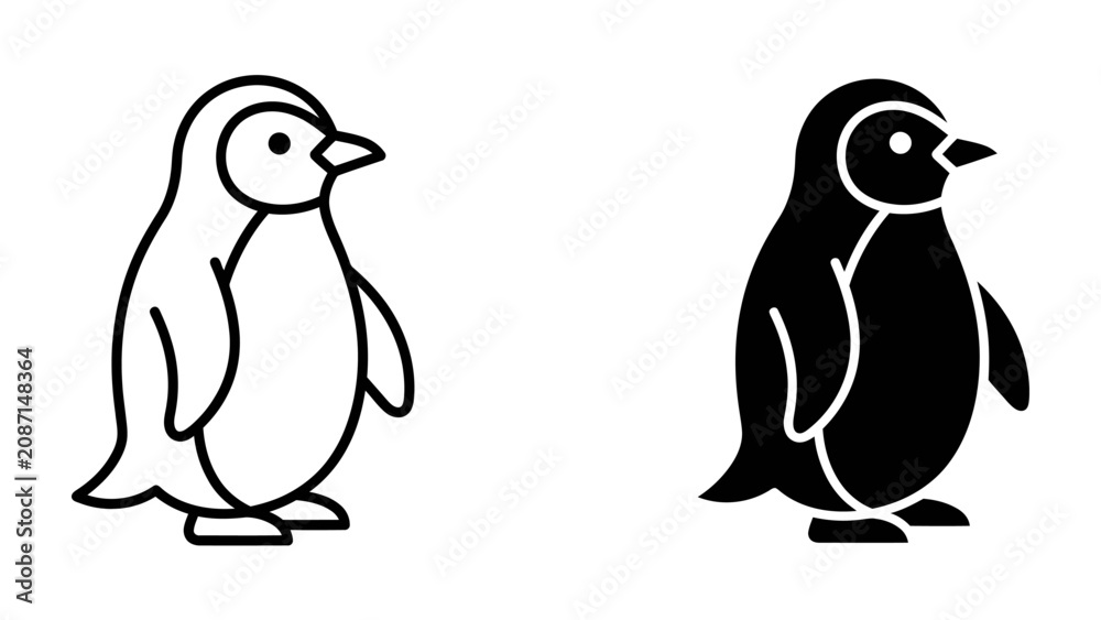 Fototapeta premium Penguin Icon Set: A simple and clean icon set featuring two stylized penguins, one in outline and the other in silhouette, representing a charming and recognizable animal.